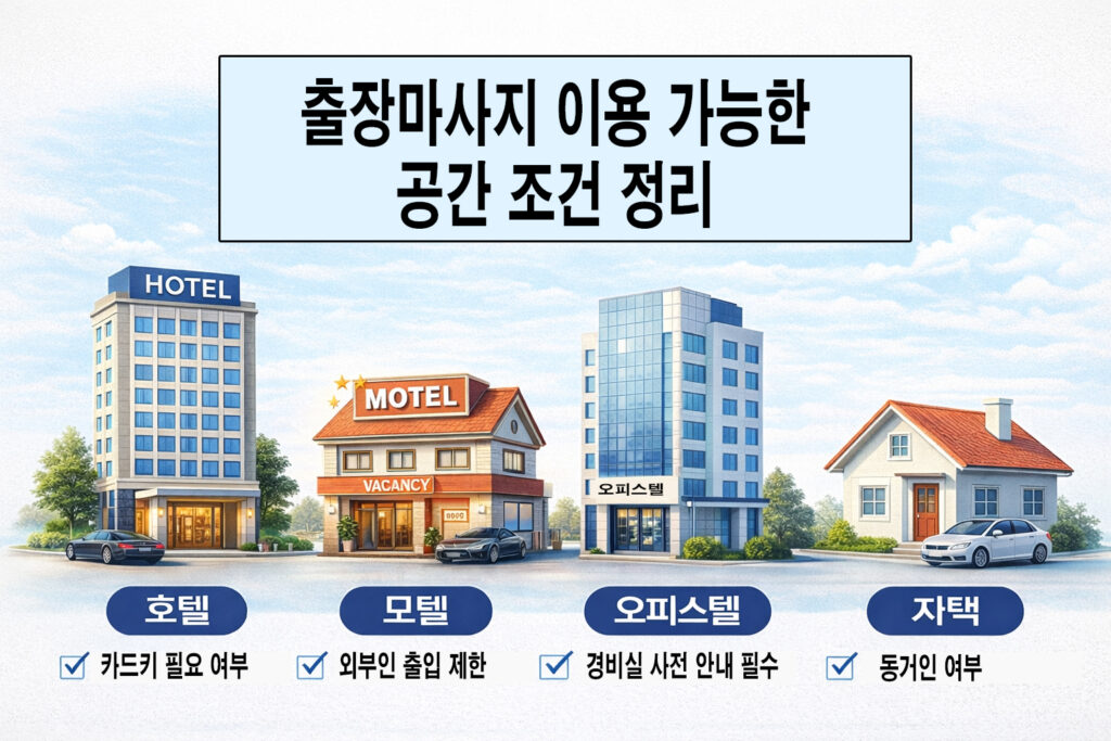 출장마사지 이용 가능한 공간 조건 정리 – 호텔, 모텔, 오피스텔, 자택